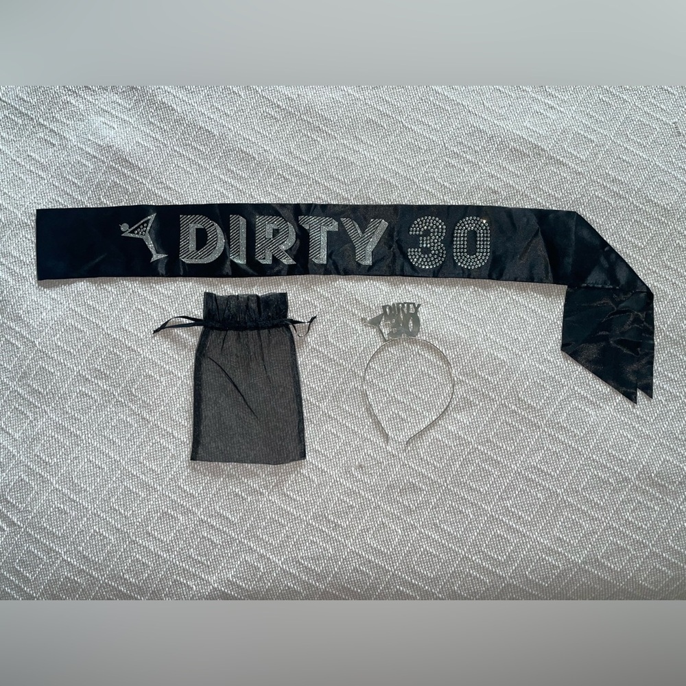 “Dirty 30” Birthday Sash and Headband, Black and Silver